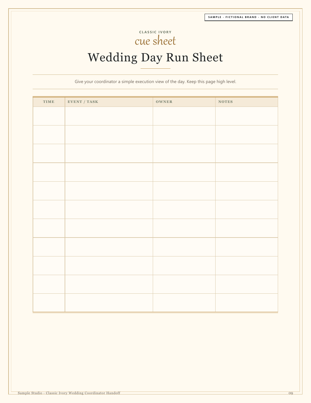 Classic Ivory fictional-brand wedding day run sheet sample