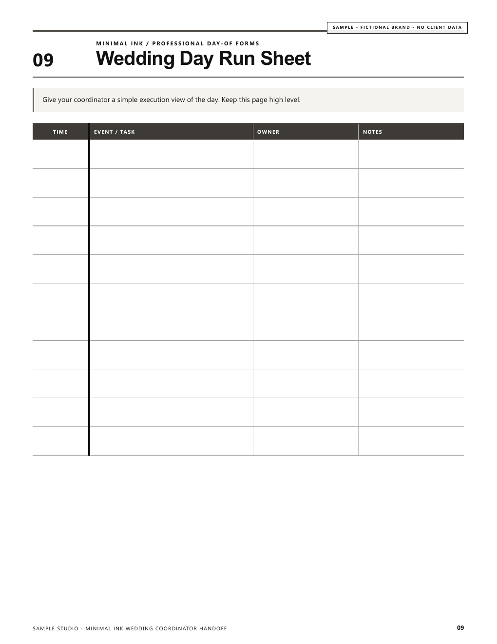 Minimal Ink fictional-brand wedding day run sheet sample