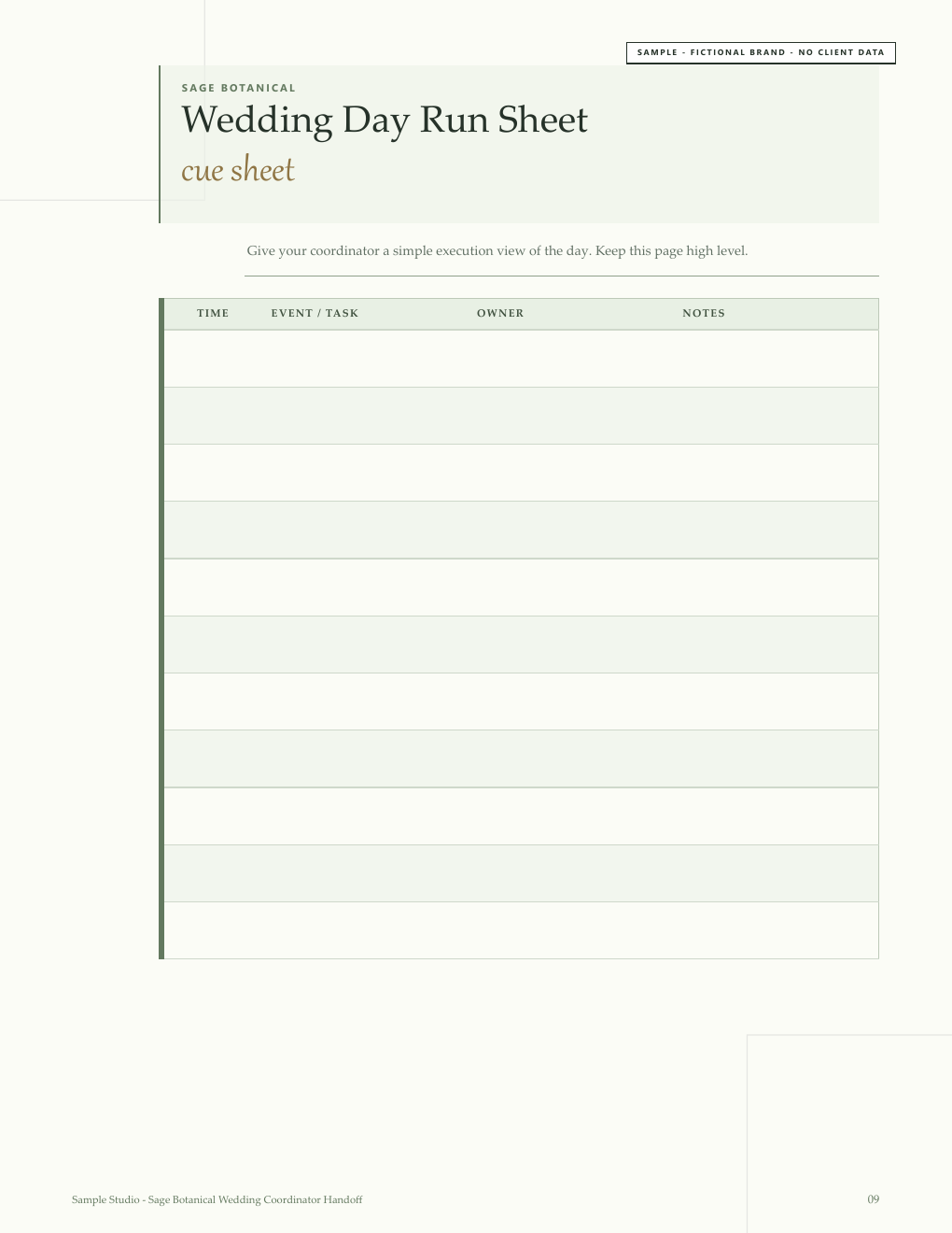Sage Botanical fictional-brand wedding day run sheet sample